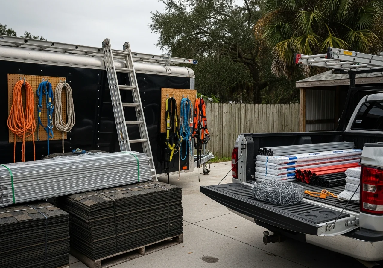 Construction crew and roofing equipment on a residential job site, showcasing professional tools and materials ready for installation.