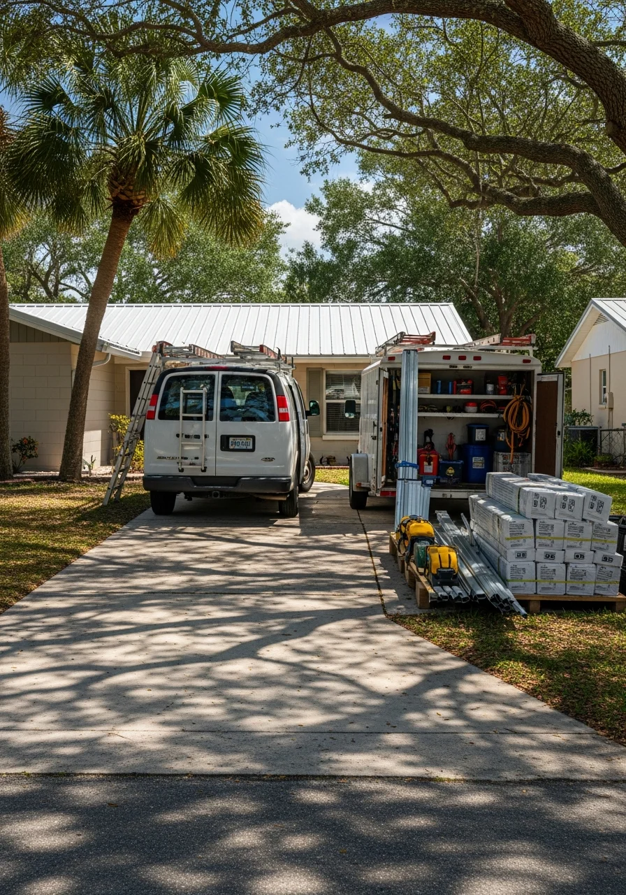 Brevard County contractor team in work gear standing in front of service vehicle on residential driveway.