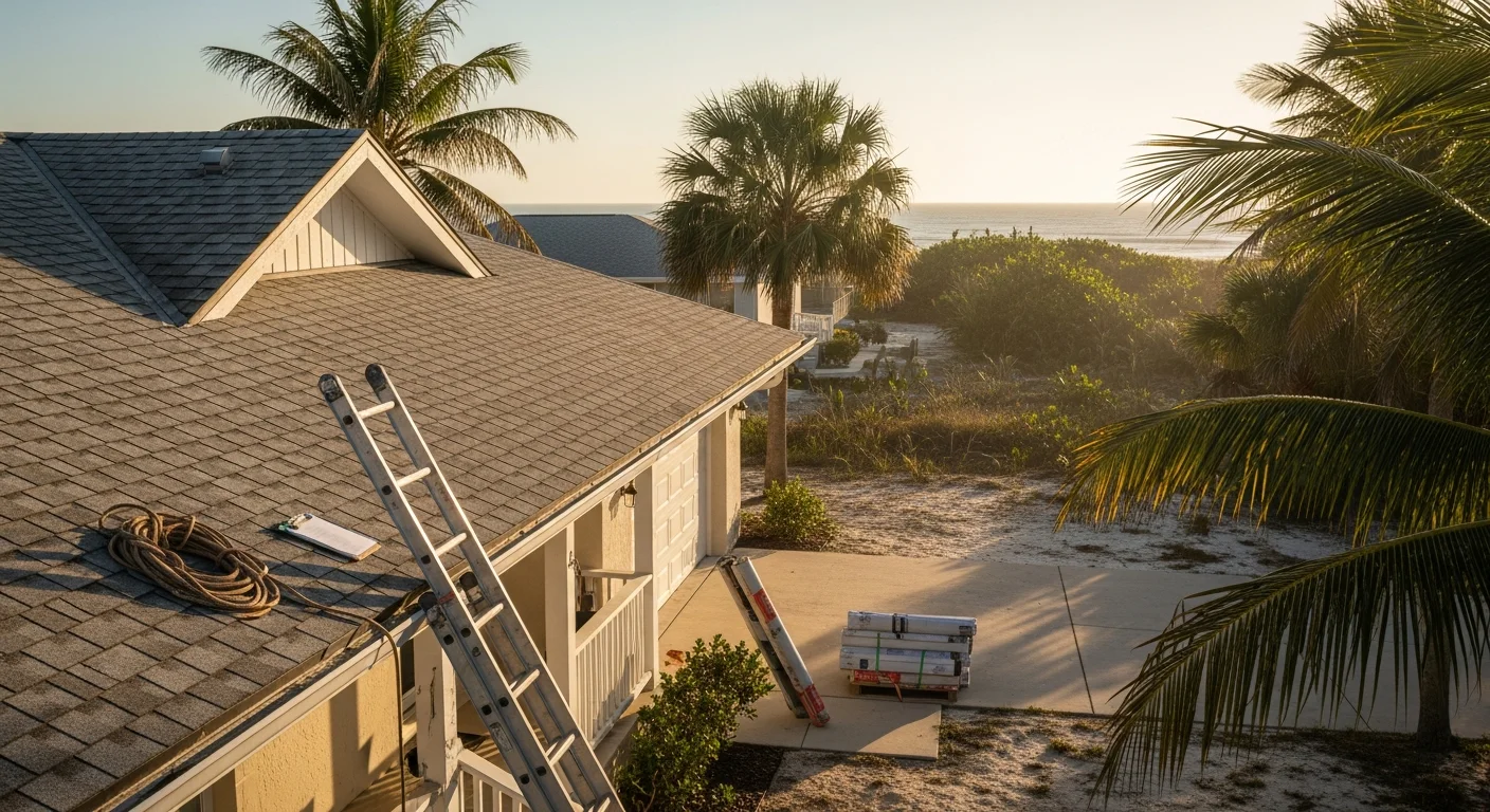 Coastal Brevard County home with palm trees and ocean view in background, showing residential property typical of Melbourne or Cocoa area.
