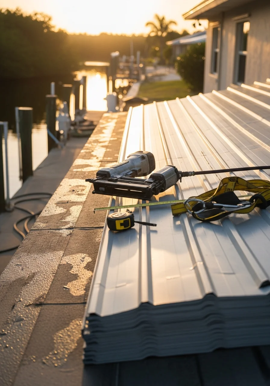 Service professional in work gear standing on Cape Coral residential property with waterfront or canal backdrop.