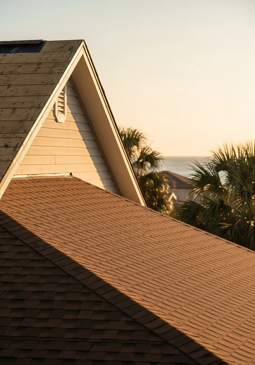 Service team member in uniform standing on Daytona Beach area residential property with beachfront or coastal backdrop.