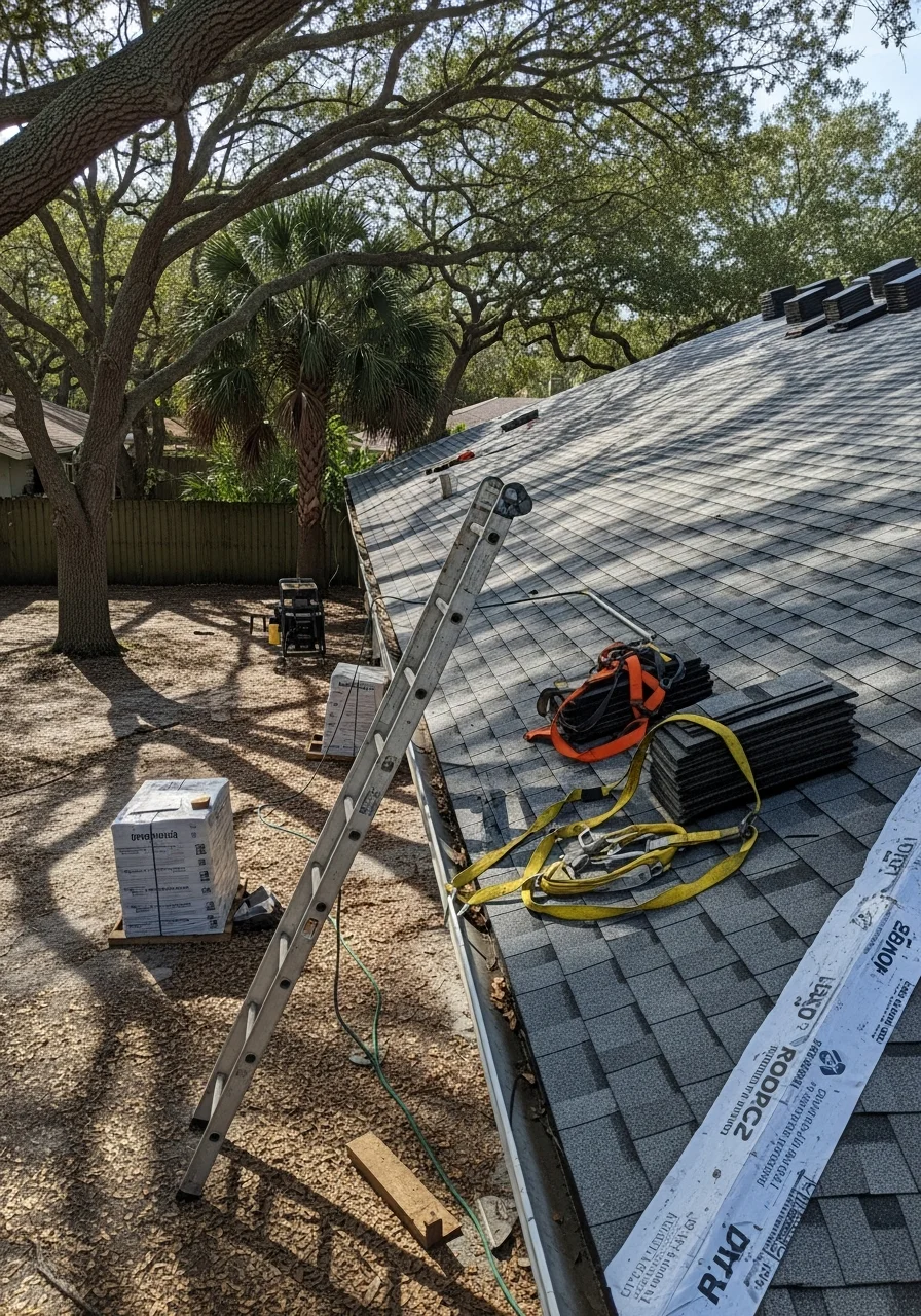 Professional service team member in branded uniform standing on Vero Beach area residential property.