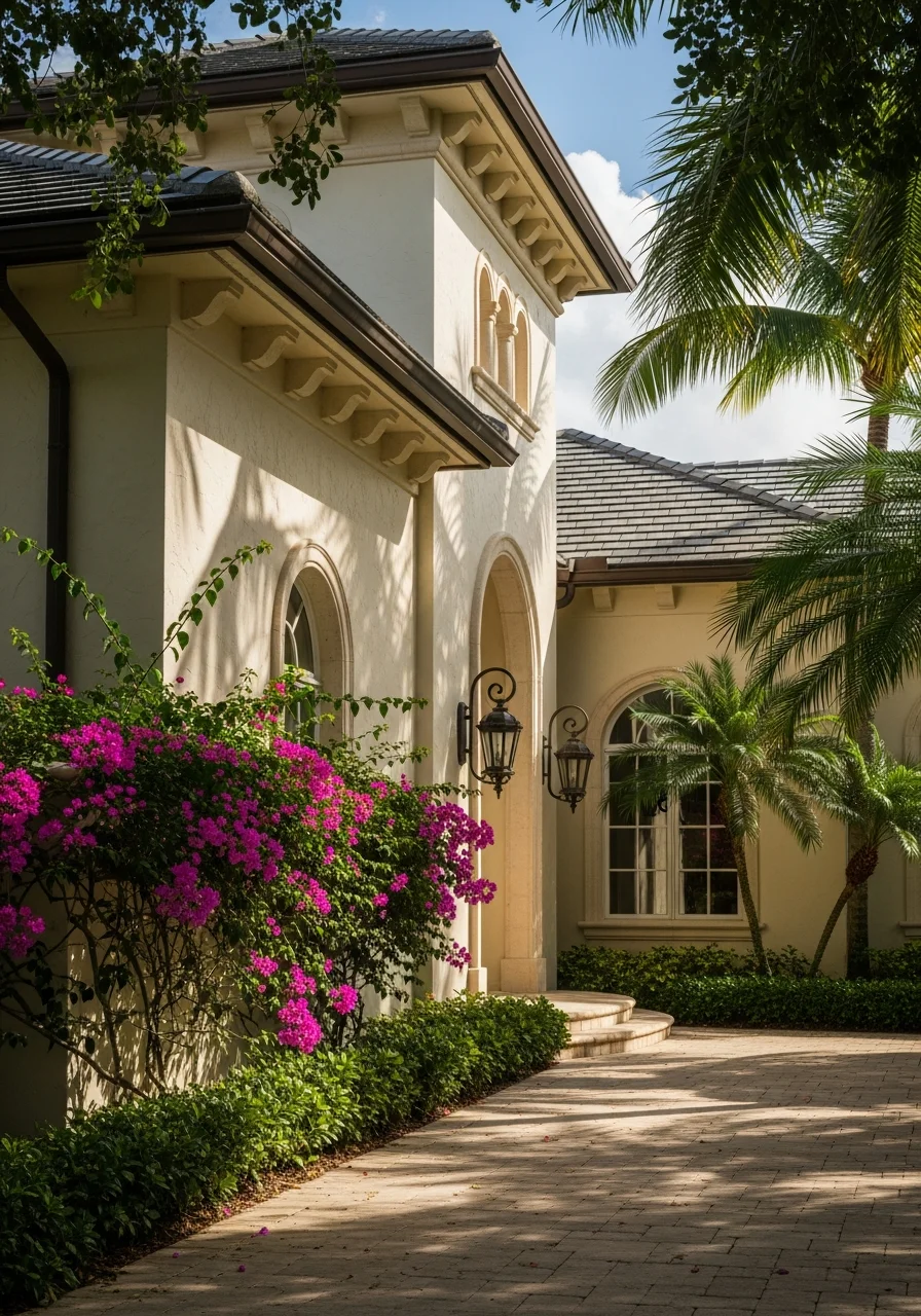 Professional service team member in branded uniform standing on Naples area high-end residential property entrance.