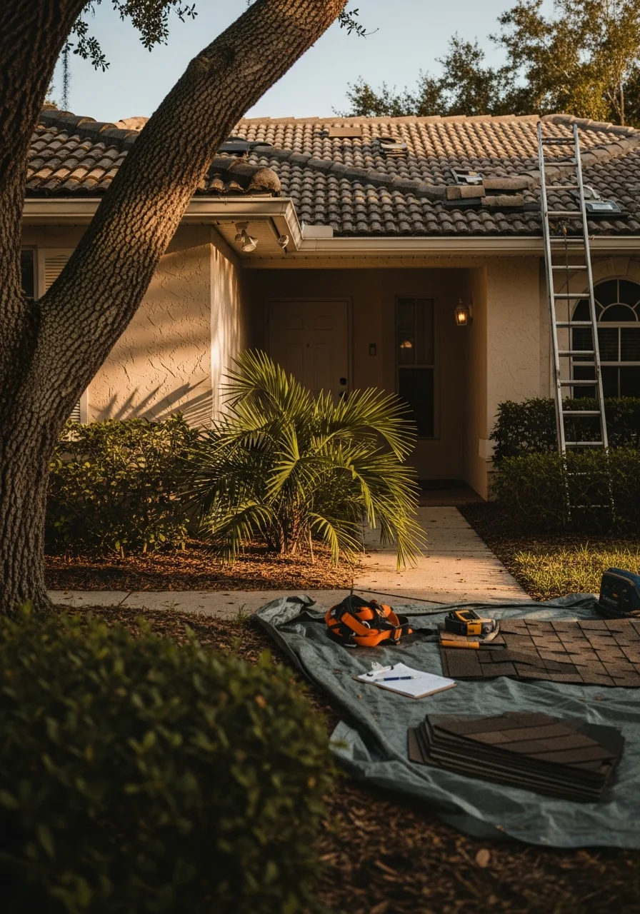 Orange County service professional in uniform holding tablet, standing in front of residential home entrance.