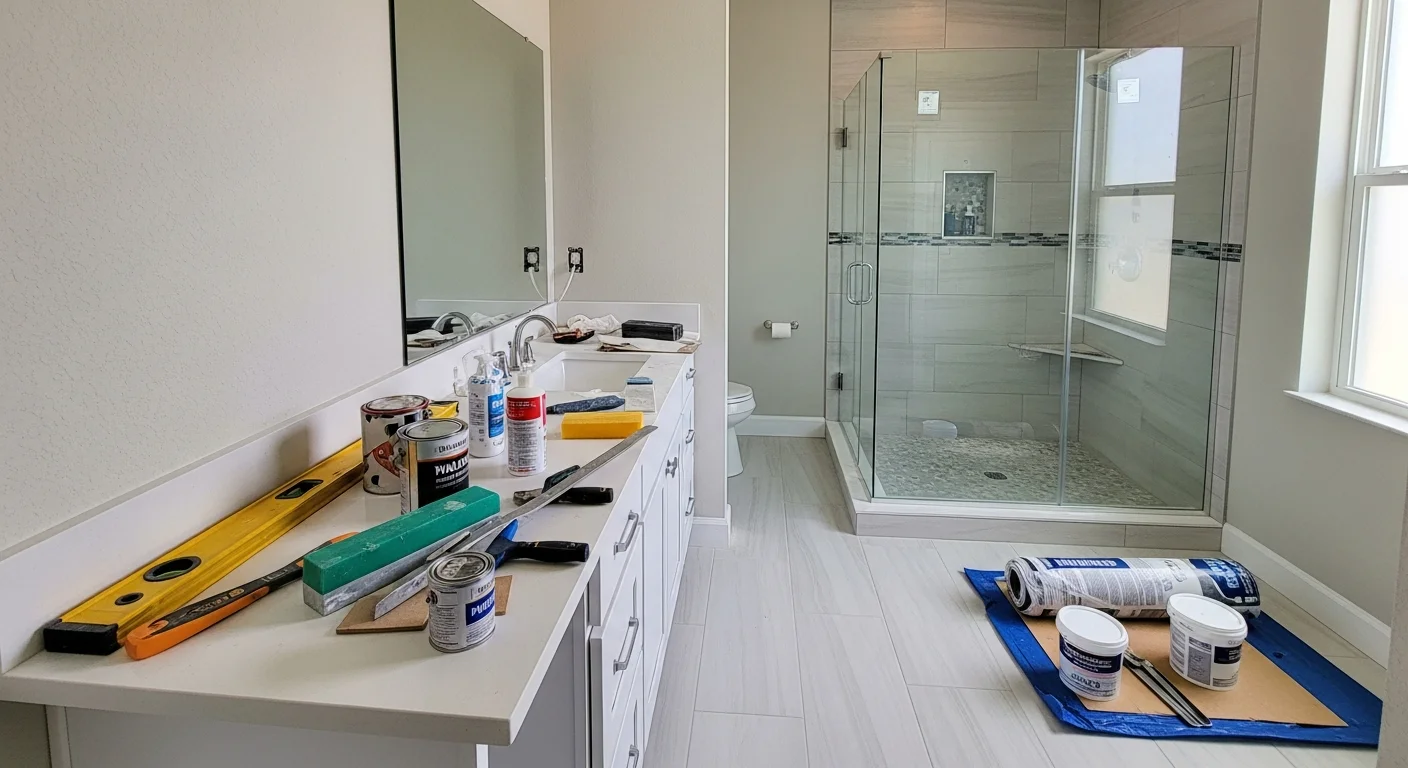 Finished bathroom remodel in a Brevard County Florida home showing a tiled walk-in shower, new double vanity, and updated flooring. Interior reflects moisture-resistant finishes suited to Florida's coastal climate.