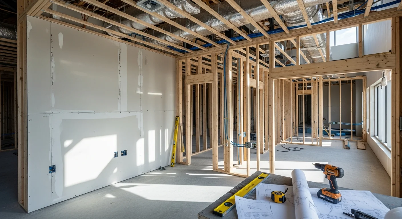 Completed commercial build-out interior in Brevard County, Florida, showing framed office partitions, recessed lighting, and finished flooring in a tenant lease space. Southern Ranch commercial remodeling project ready for business occupancy.