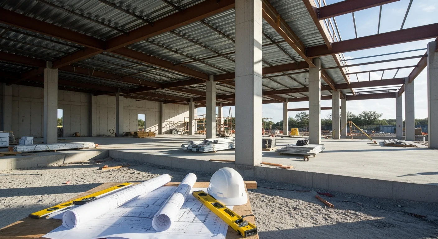 A newly completed commercial building in Brevard County, Florida, with a concrete block exterior and standing-seam metal roof built to Florida coastal wind-load standards. A Southern Ranch construction crew completes final exterior work on a ground-up commercial structure near Melbourne, Florida.