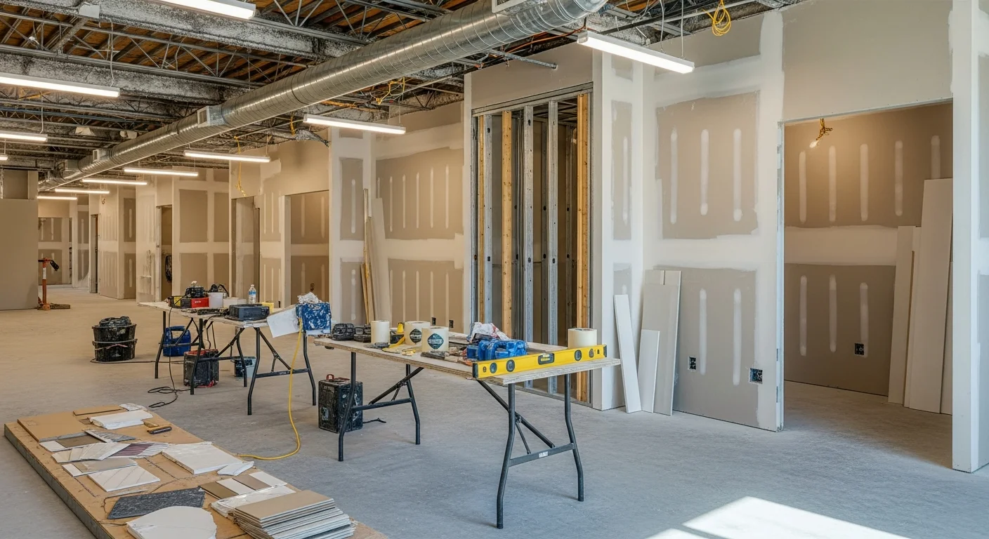 Finished commercial interior remodel in Brevard County, Florida, showing updated open-plan office space with new flooring, recessed lighting, and freshly painted walls. A storefront entry with modern finishes reflects work completed by Southern Ranch for a Space Coast business tenant.