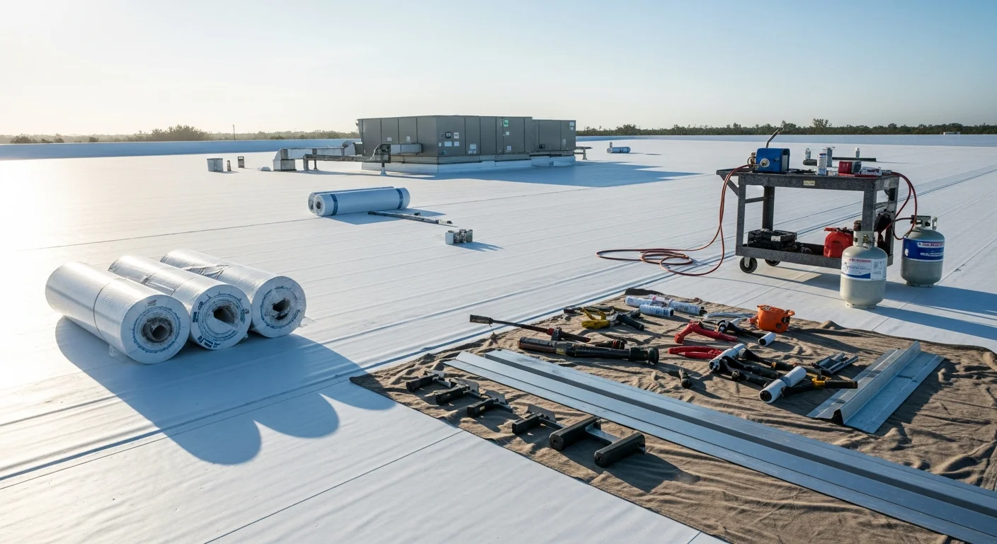 A flat commercial roofing installation on a large single-story building in Brevard County, Florida, showing a clean membrane surface with rooftop HVAC units and drainage outlets visible under clear coastal skies.