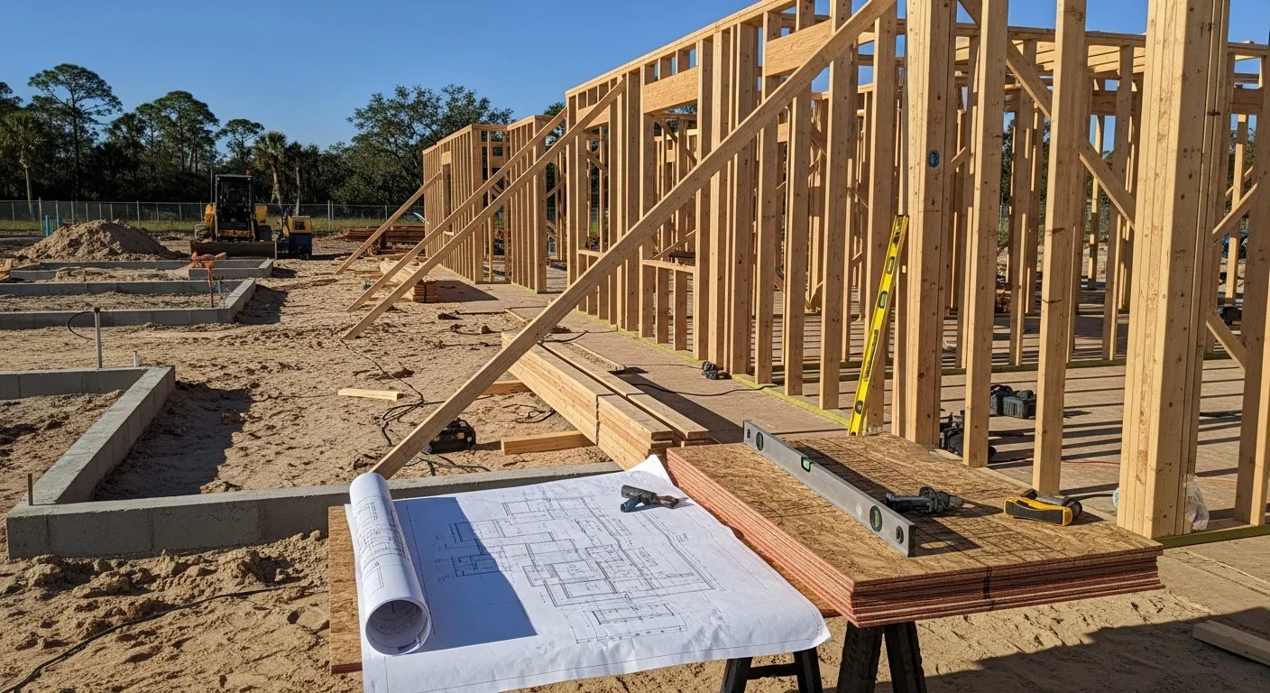 A newly completed single-story custom home in Brevard County, Florida, with a hip roof, impact-rated windows, and a poured concrete driveway on a cleared residential lot. The home reflects Florida Building Code construction standards common to the Space Coast region.