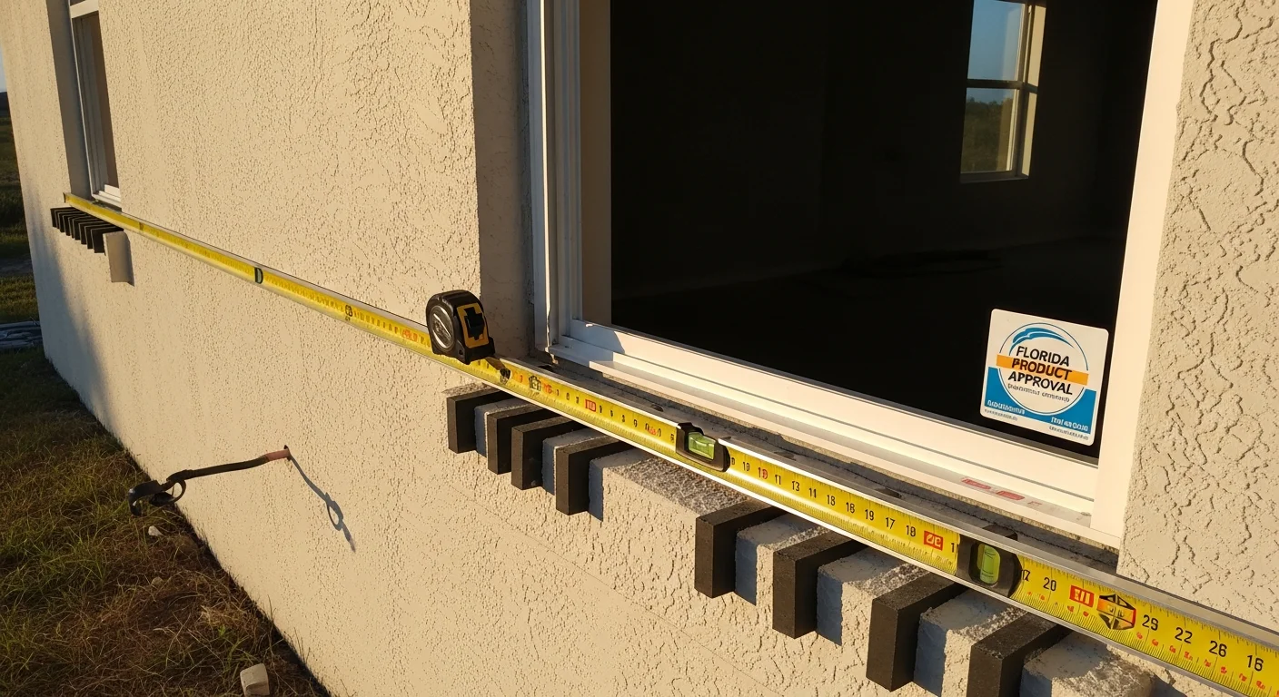 Newly installed impact windows on a single-story Brevard County home with a clear view of the Atlantic coastline in the background. The installation shows clean aluminum frames fitted across multiple openings on the home's front elevation.