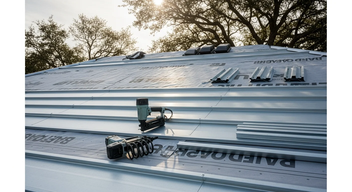Completed standing seam metal roof installation on a single-family home in Brevard County, Florida, with clean panel lines and sealed ridge cap visible under bright coastal sunlight.