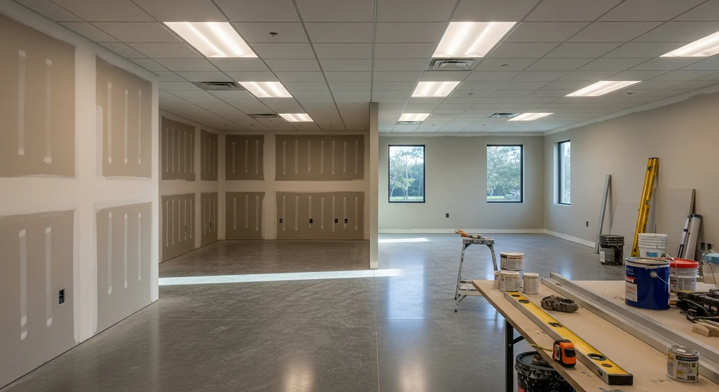 A finished office interior remodel in a Brevard County commercial building, showing an open floor plan with updated lighting, new flooring, and reconfigured workspaces. The space reflects a clean, functional layout suited to a growing Space Coast business.
