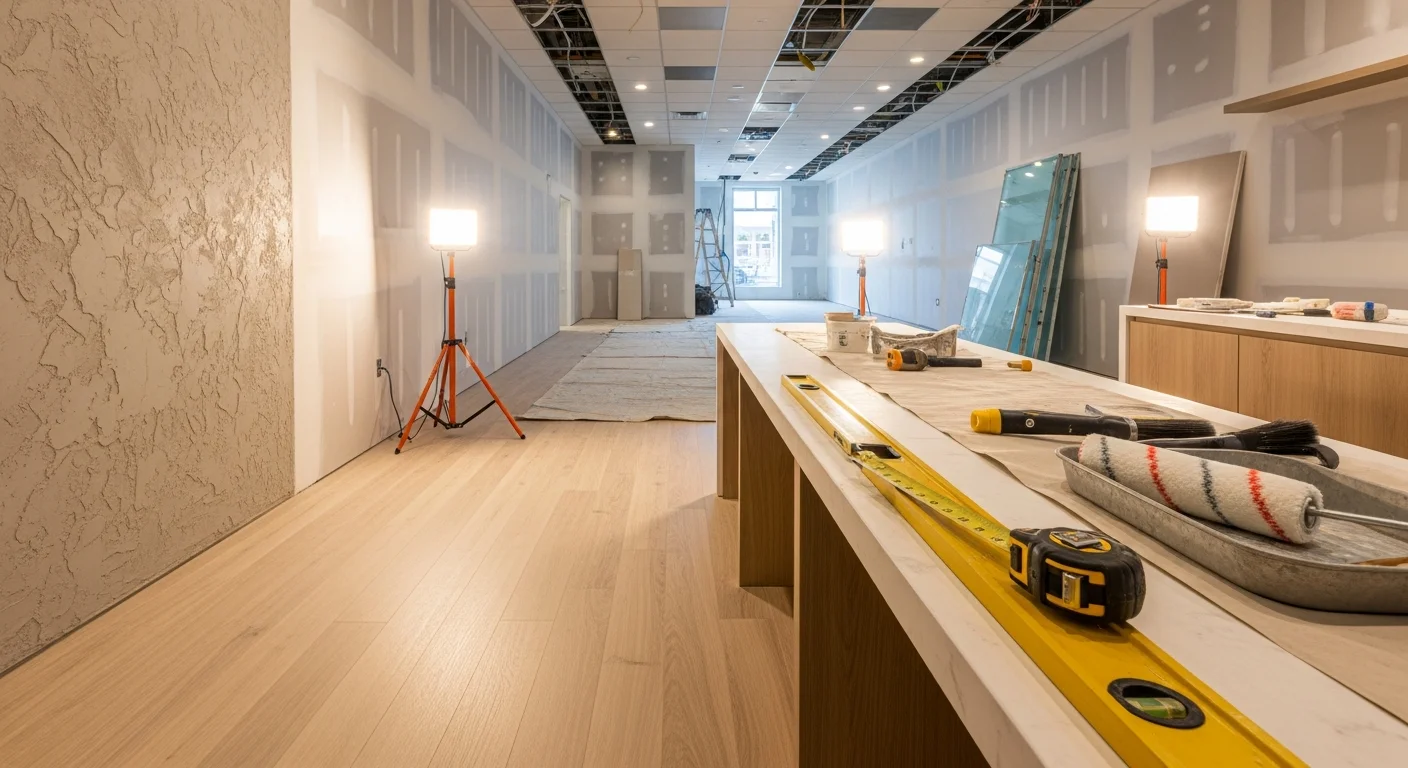Finished retail store interior remodel in Brevard County, Florida, showing updated flooring, reconfigured layout, and new lighting. Commercial space completed by Southern Ranch for a Space Coast retail business.