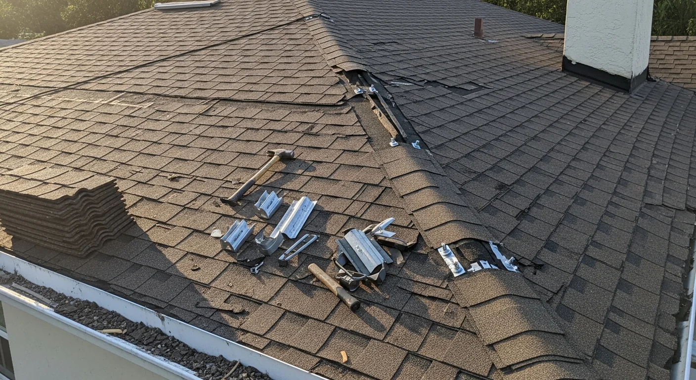 A Southern Ranch roofing contractor inspecting storm damage on a residential roof in Brevard County, Florida, with lifted shingles and exposed flashing visible along the ridge line. Close-up view of a repaired roof section showing replaced shingles and resealed flashing on a Florida Space Coast home.