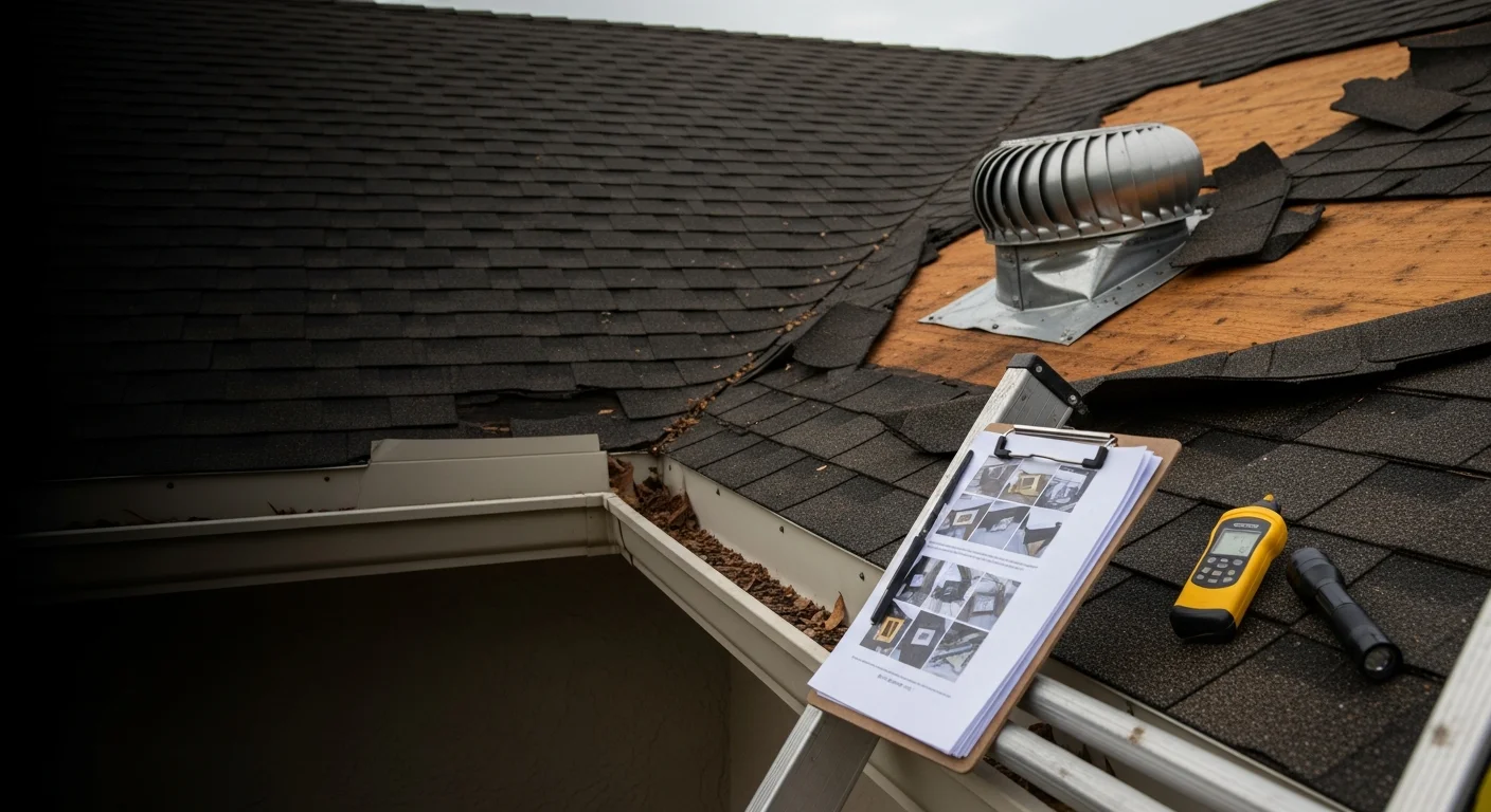 A Brevard County Florida residential roof showing storm damage with lifted shingles and exposed decking after a hurricane. A Southern Ranch roofing crew inspects the damage from the roof surface.