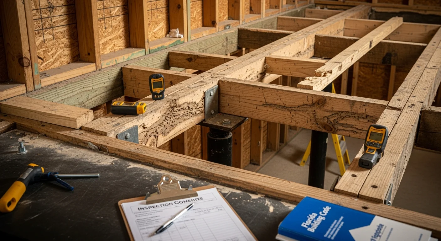 A general contractor inspecting a repaired floor joist system beneath a residential home in Brevard County, Florida. Exposed framing shows new lumber installed alongside existing structure in a crawl space repair setting.